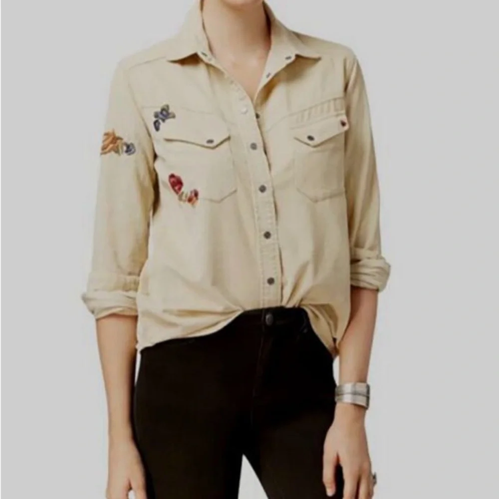 Free People Harley Floral Embroidered Corduroy Western Button Down Shirt Women M